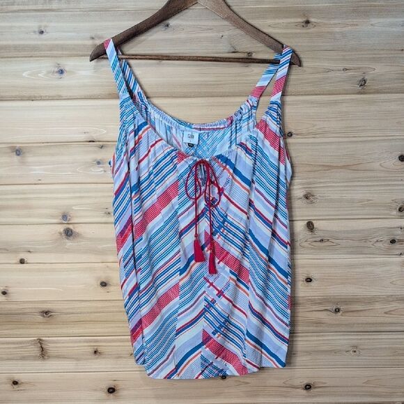 CAbi Top Womens Large Red Blue #5230 Tassel Tank Inline Print NWT - Picture 1 of 10